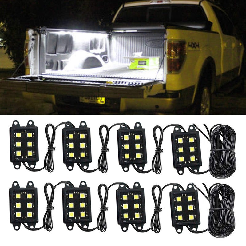 NBWDY LED Truck Bed Light Kit-48 White LEDs Pickup Bed Lighting Kit,Rear Work Box Lighting Kit,Rail Lights,Side Marker Rock Light for Truck Pickup Cargo Trailer RVs Under Car w/Switch-8Pcs - Image 1
